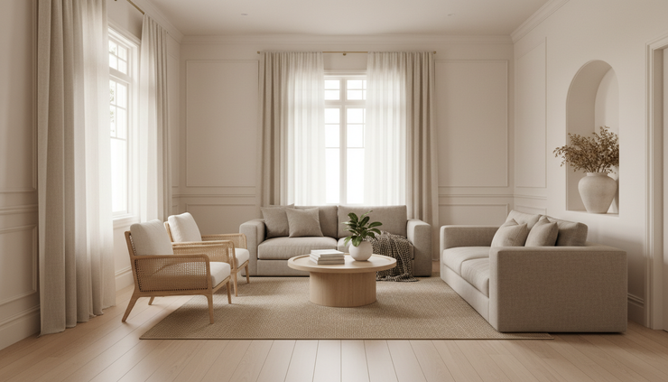 Wide-angle view of a renovated white living room with timber floors and soft natural light.