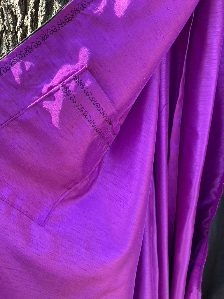 Thumbnail: SOLD. #11 Black linen line with bright purple shantung textured fabric