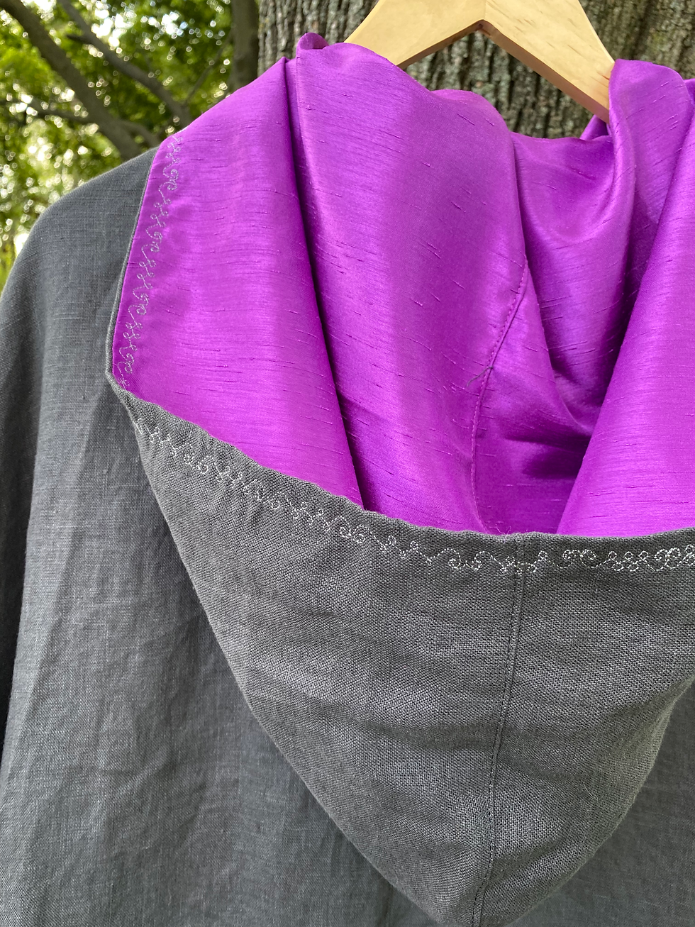 Thumbnail: SOLD. #159. Dark Grey Linen line withbright purple shantung texture lining