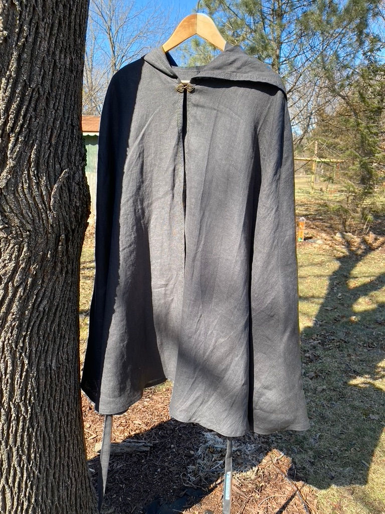 Thumbnail: SOLD: #21 Grey unlined cape, green machine embroidery