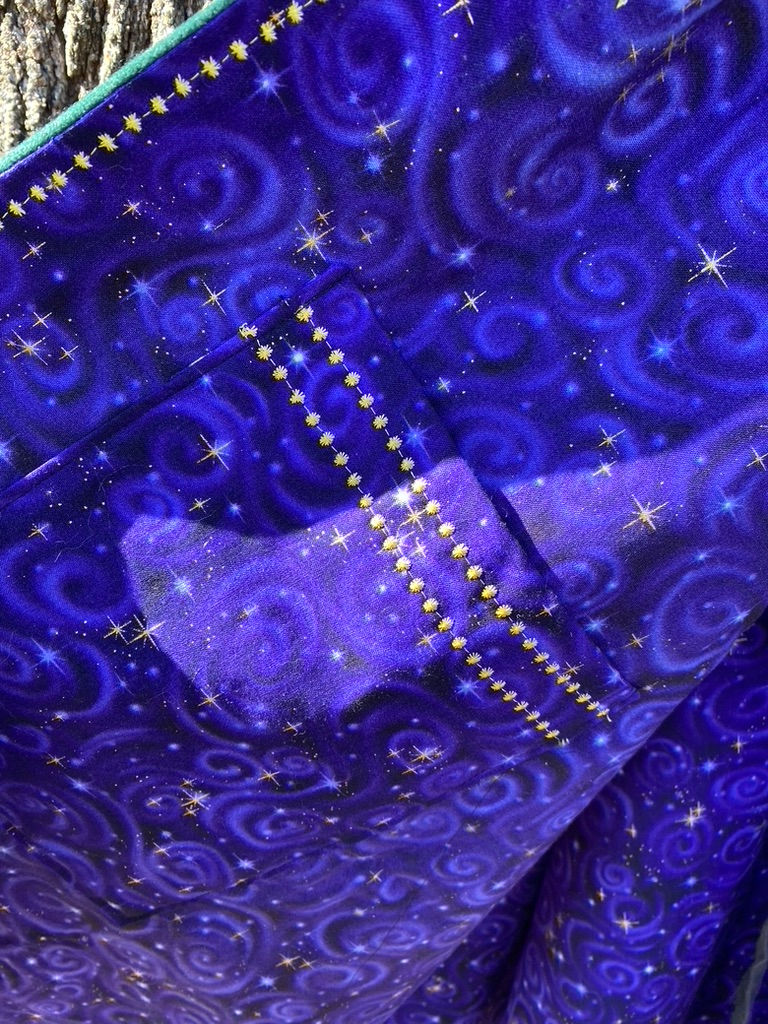 Thumbnail: SOLD. #16 green velvet texture fabric lined with cotton purple cosmos fabric