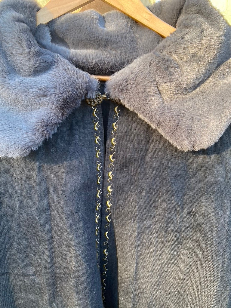 Thumbnail: SOLD. #215. Black linen double cape, fur collar