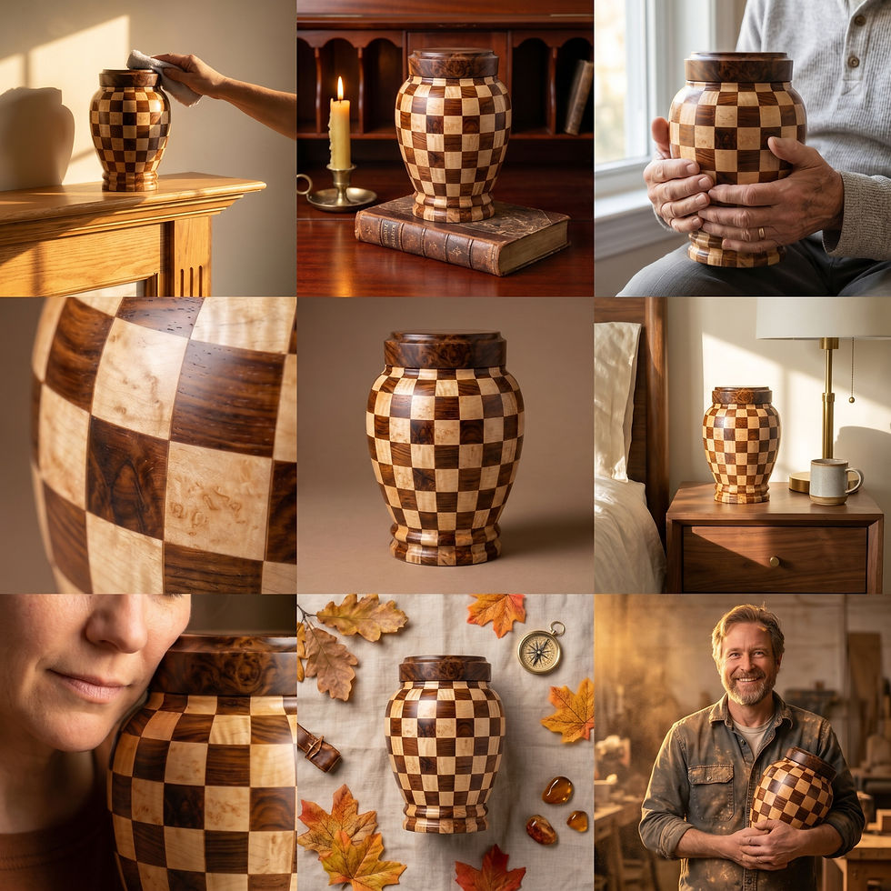 Thumbnail: Dama - patchwork wood urn