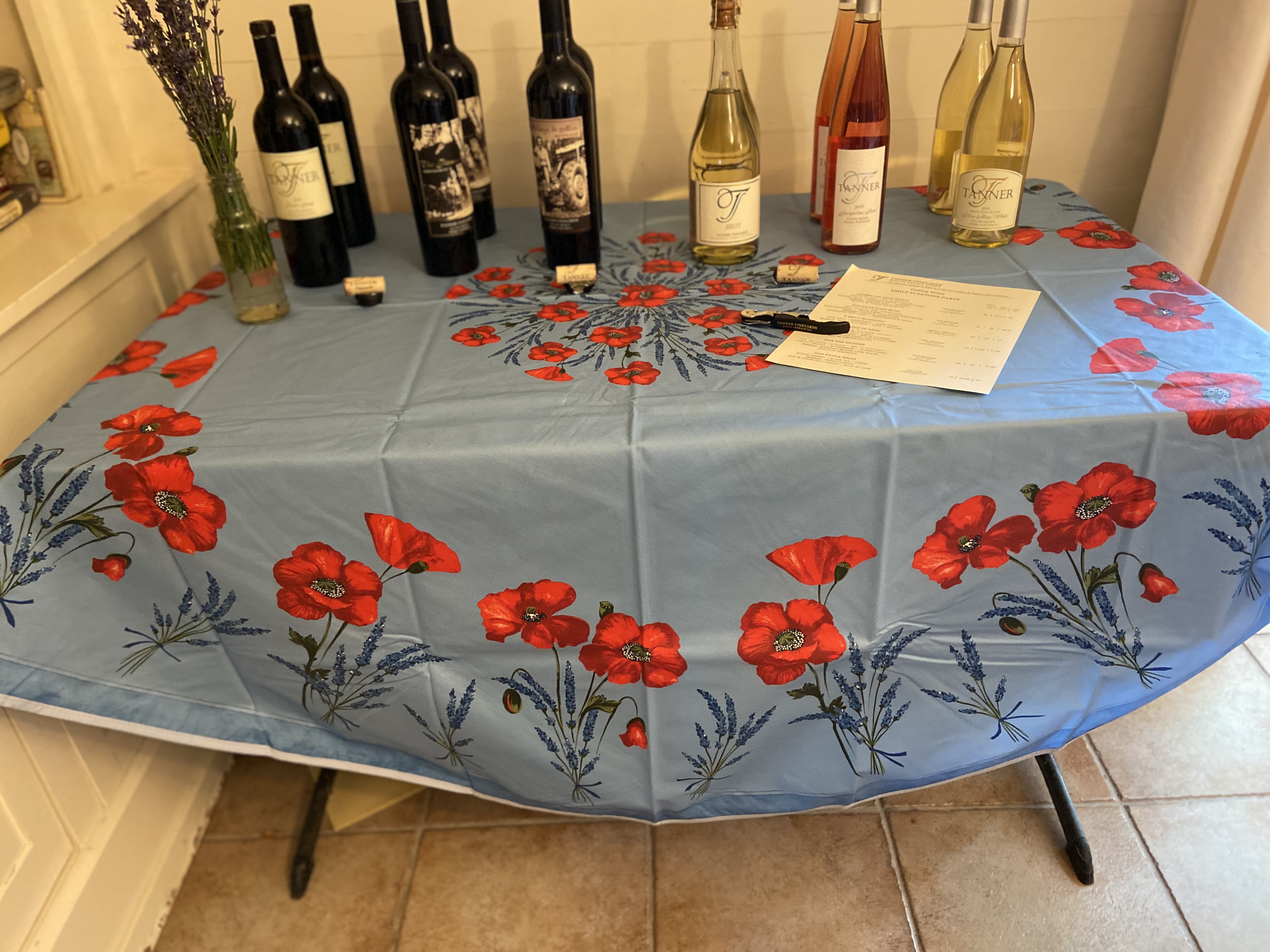 Poppies and Lavender Light Blue Coated Cotton Tablecloth