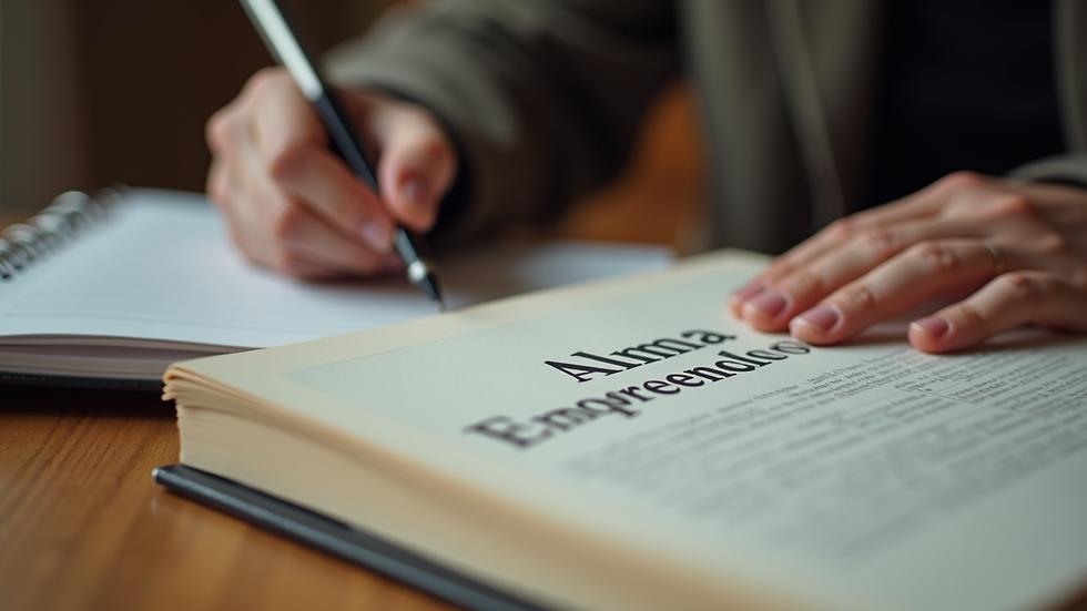 Close-up of a person writing notes next to a book titled Alma Emprendedora