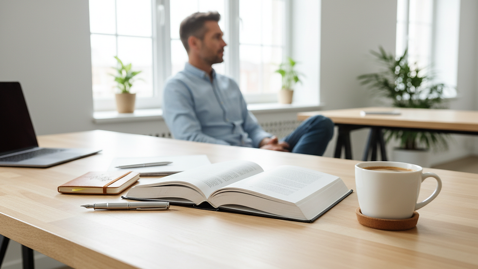 Eye-level view of a book open on a wooden desk with a cup of coffee