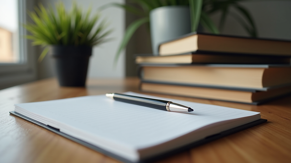 Eye-level view of a wooden desk with a stack of business books and a notebook