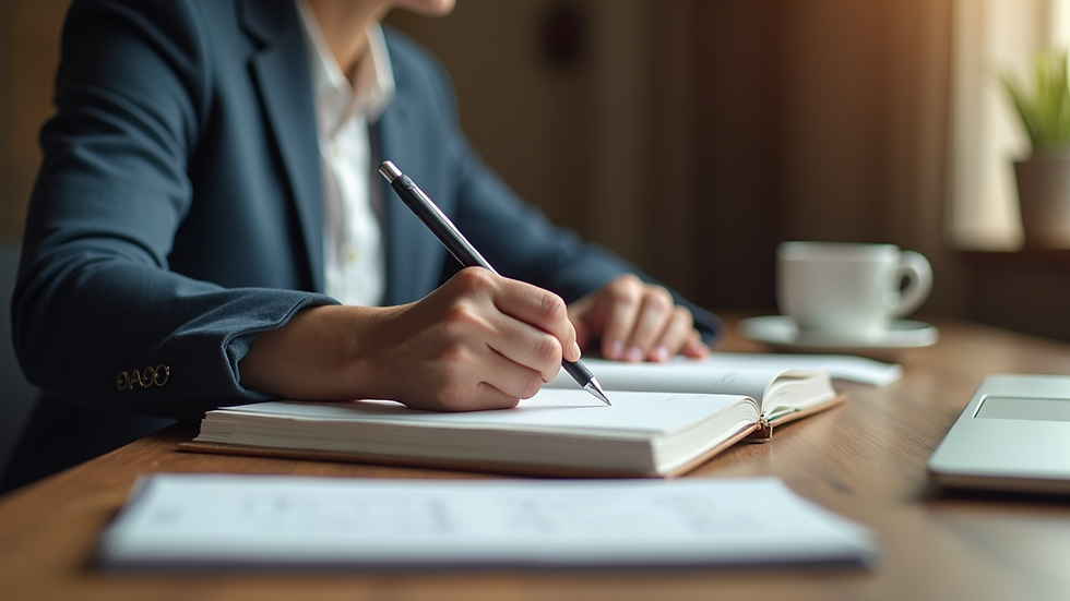 Vista lateral de una persona escribiendo en un cuaderno durante una sesión de coaching en Rosario