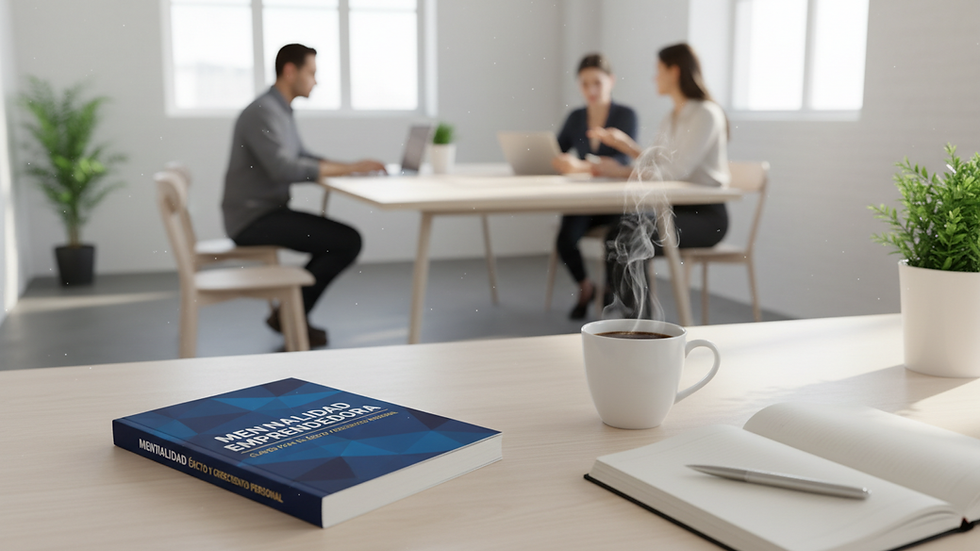 Close-up of a book titled "Mentalidad Emprendedora" on a wooden table with a cup of coffee