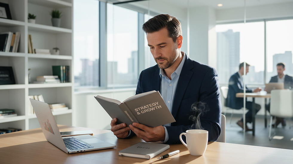 Vista a nivel de una persona leyendo un libro de negocios con una taza de café al lado
