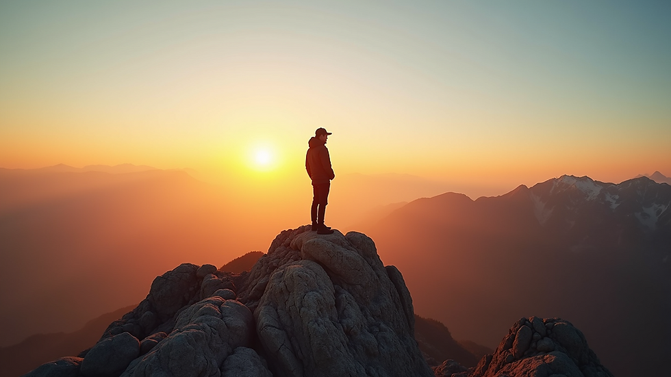 Eye-level view of a man standing confidently on a mountain peak during sunrise