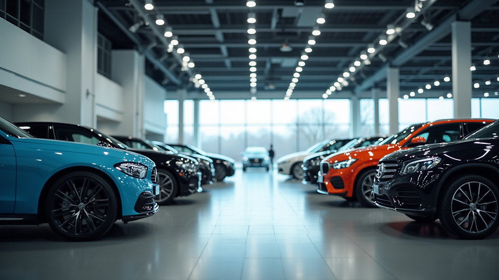 Eye-level view of a modern car dealership showcasing various vehicle models