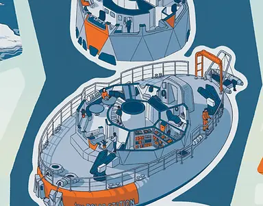 Panneaux de l’exposition Fragments installés sur les quais de Seine à Paris, présentant l’expédition scientifique de la Tara Polar Station en Arctique et la recherche sur l’océan, l’atmosphère et la banquise. Ce détail montre l'intérieur de la station polaire. Illustration scientifique.