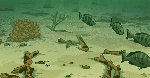 Série d’illustrations scientifiques ‘L’Océan mot à mot’ présentant des strips didactiques issus de l’Inktober 2025, où chaque mot devient une narration visuelle basée sur des données biologiques sourcées sur l’océan. Le mot est Trouble, et cette case illustre la destruction d'un récif corallien quand la turbidité de l'eau est trop importante.