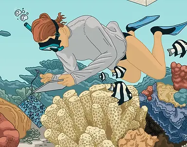 Panneaux de l’exposition Voix du lagon à Bora Bora présentant les recherches scientifiques sur les récifs coralliens et sensibilisant les habitants à la protection de ces écosystèmes marins fragiles. À travers six panneaux grand format, cette exposition mêle savoirs scientifiques et témoignages d’habitant·e·s pour raconter la complexité écologique du lagon. Une invitation à observer, comprendre et protéger cet écosystème marin unique.
Détail d'une plongeuse qui étudie la biodiversité du récif, inventaire des poissons et invertébrés.