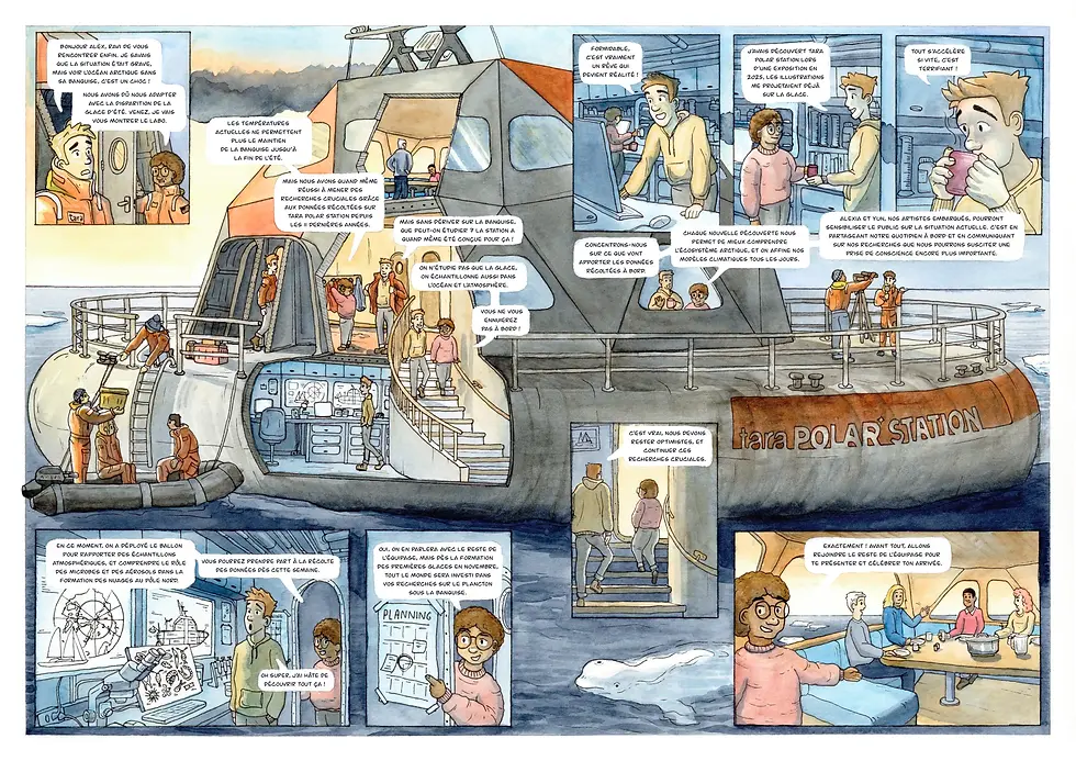 Courte bande dessinée de trois pages illustrant la mission scientifique de la Tara Polar Station en Arctique, dédiée à l’étude de l’océan, de l’atmosphère, de la banquise et des écosystèmes polaires lors d’une expédition de recherche.