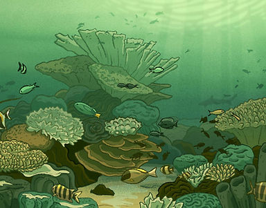 Série d’illustrations scientifiques ‘L’Océan mot à mot’ présentant des strips didactiques issus de l’Inktober 2025, où chaque mot devient une narration visuelle basée sur des données biologiques sourcées sur l’océan. Le mot est Trouble, et cette case illustre un récif turbide.