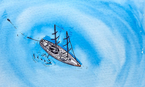 Carnet de terrain illustré réalisé à bord de la goélette Tara lors d'une expédition scientifique en mer Méditerranée.