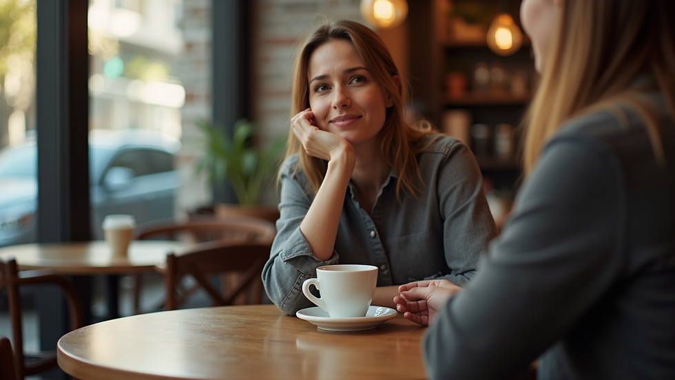 Eye-level view of a person sitting at a café table with a cup of coffee, engaged in conversation