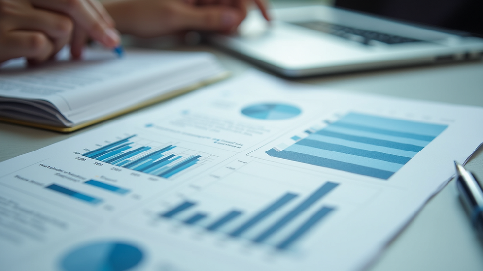 Eye-level view of a financial report with graphs and charts