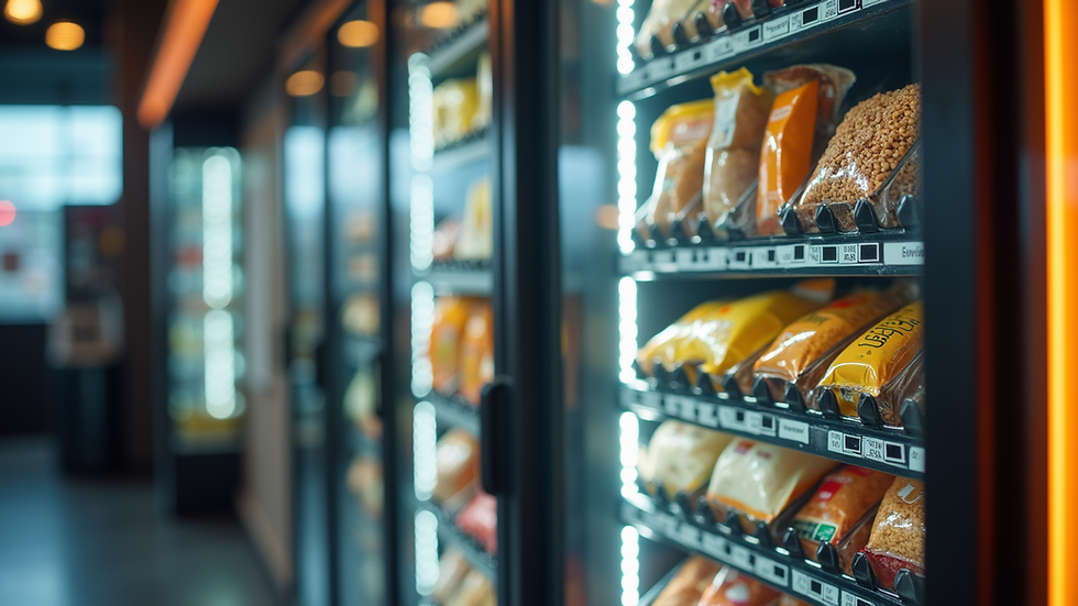 Eye-level view of a modern vending machine filled with healthy snacks