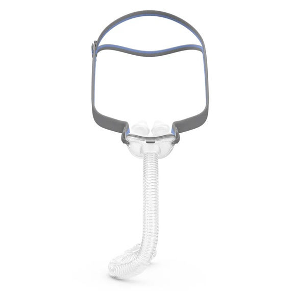 ResMed AirFit P10 nasal pillow mask front view with headgear
