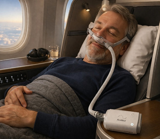 Man sleeping comfortably using ResMed AirMini CPAP Machine during flight