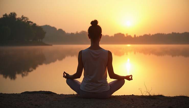 Eye-level view of a serene person meditating by a calm lake at sunrise