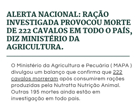 Alerta nacional: Ração investigada provocou morte de 222 cavalos em todo o país, diz Ministério da Agricultura.