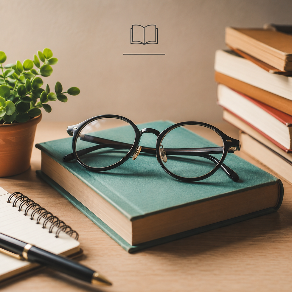 A pair of round spectacles resting on a closed book on a study desk, symbolizing the ICSESE Class 10 Hindi chapter Netaji Ka Chashma. The scene includes stacked books, a notebook, and a small plant, creating a thoughtful academic atmosphere.