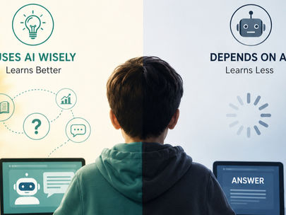 A student uses artificial intelligence for learning, illustrating the difference between using AI as a study aid and becoming dependent on AI for answers. The image represents the growing learning gap between students who develop understanding, critical thinking, and problem-solving skills and those who rely heavily on AI-generated responses.