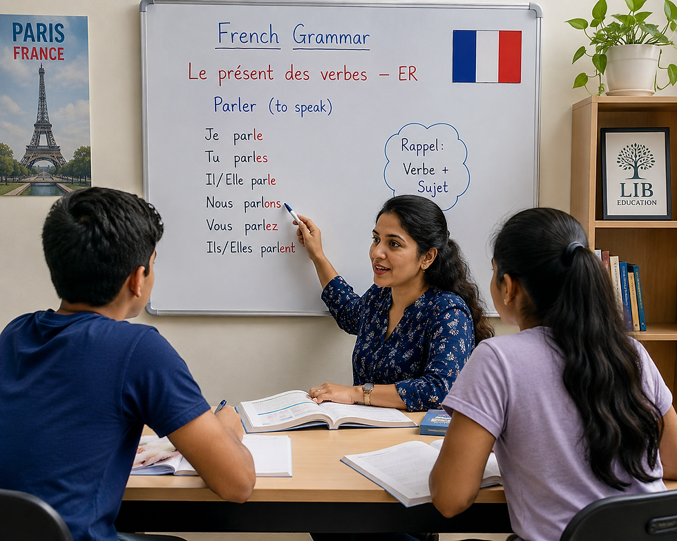 Eye-level view of a classroom with a French teacher explaining grammar