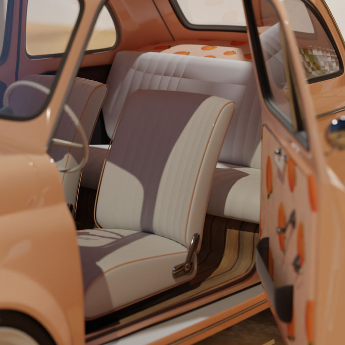 Primo piano degli interni della Fiat 500 Peach