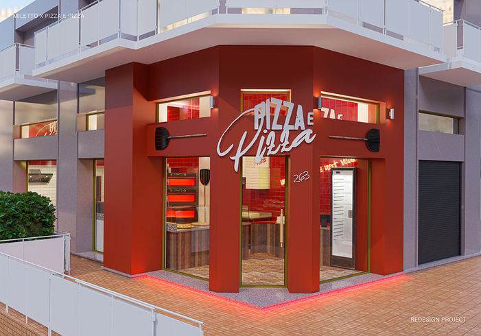 Render finale dell’esterno con pareti rosse e logotipo centrale