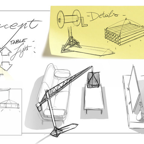 Schizzi iniziali della lampada gru durante la fase progettuale