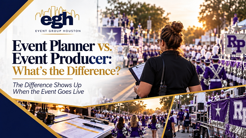 Illustration of a Homecoming parade featuring marching bands, floats, and an event producer overseeing live parade operations.