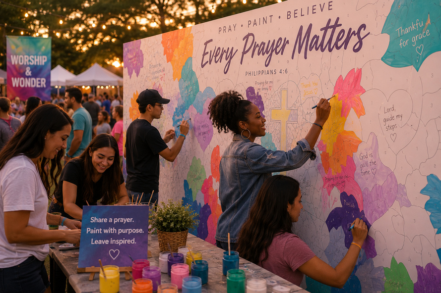 People painting and adding prayers to a colorful interactive Prayer Wall at Worship & Wonder Festival in Houston, Texas.