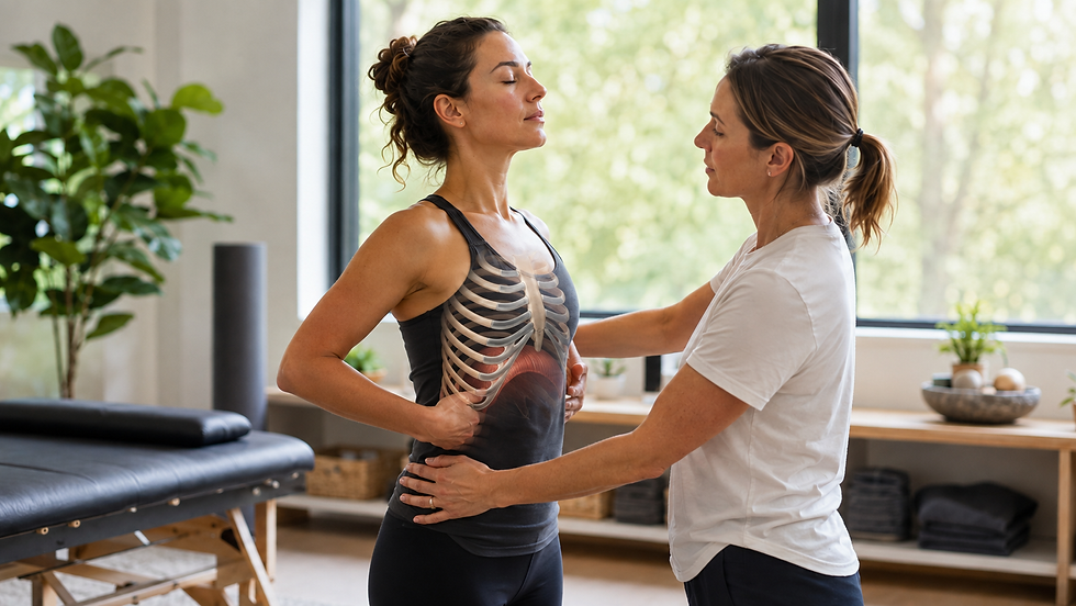 Functional breathing involves the rib cage, diaphragm, abdomen, chest, and a full exhale, not simply pushing the belly forward.