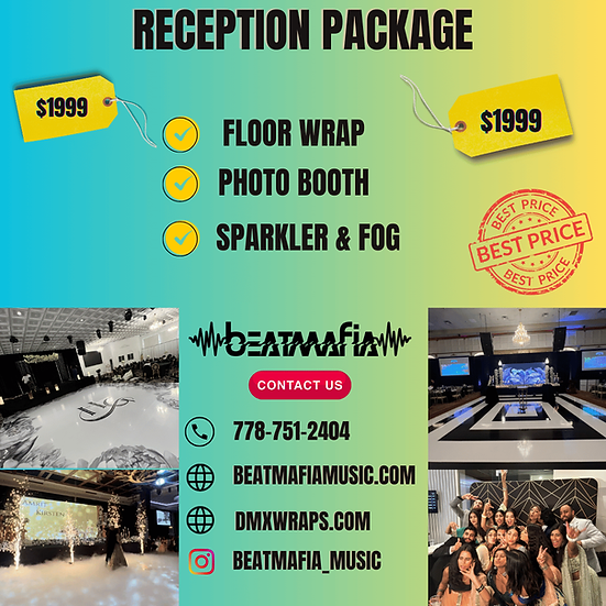 “Wedding floor wrap + photo booth + sparkler and fog effects package”