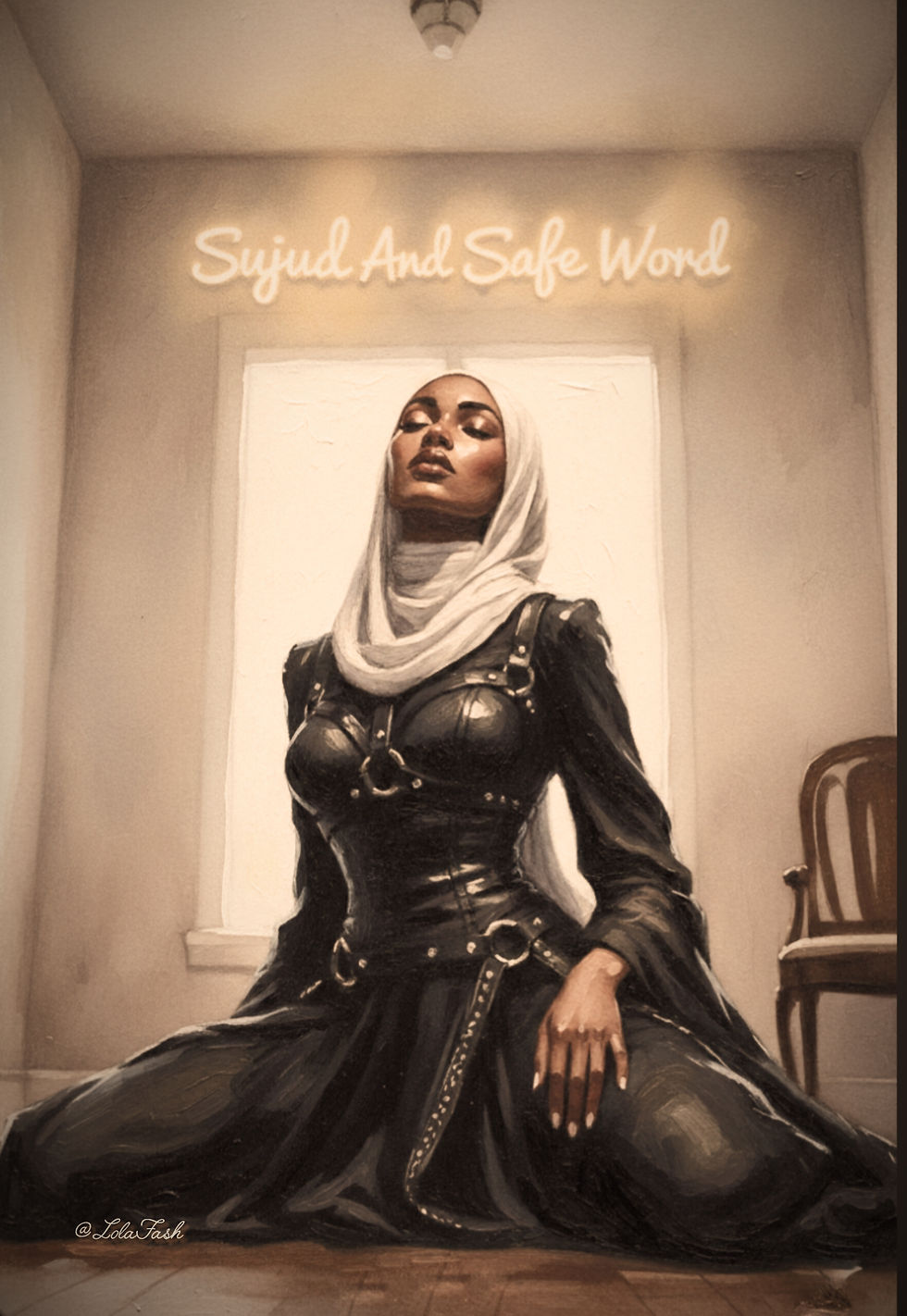 A woman is posed confidently in a form-fitting outfit of leather and buckles and headscarf.