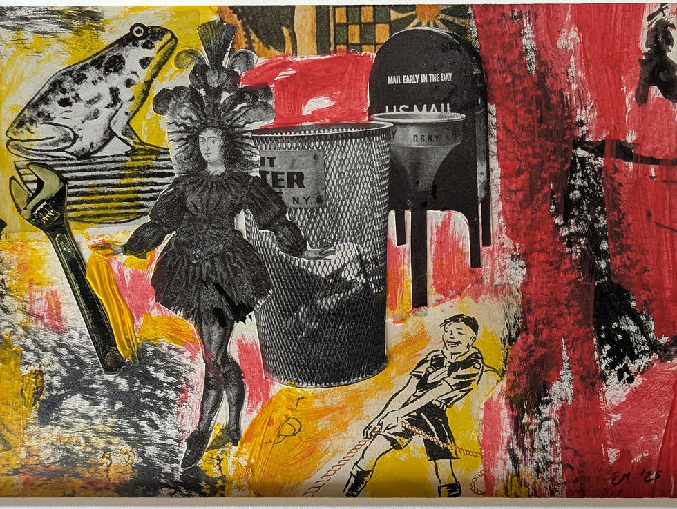 A mixed-media collage featuring a frog, a Victorian-style figure in an elaborate dress, a wrench, a trash can, and a fire hydrant, layered over bold red, yellow, and black painted textures, with a small illustrated figure pulling a chain in the foreground.