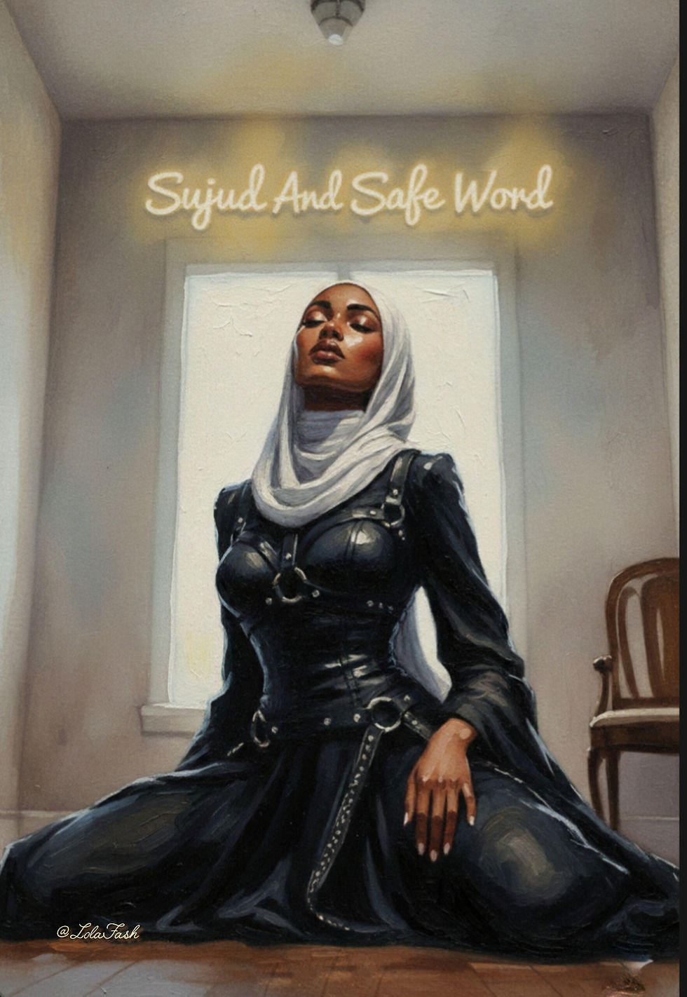 A woman is posed confidently in a form-fitting outfit of leather and buckles and headscarf.