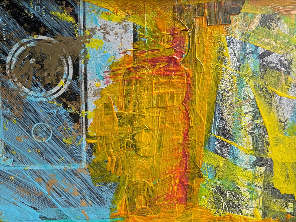 Abstract mixed-media painting with thick yellow and orange paint scraped across the center, partially obscuring printed imagery beneath. Blue and black brushstrokes with circular patterns appear on the left, while faint illustrations and textures show through on the right, creating a layered, textured composition.