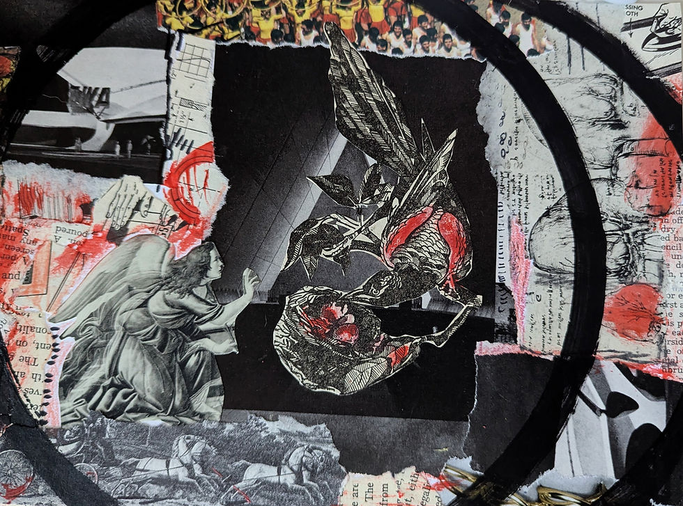 Mixed-media collage featuring a black-and-white illustration of an angel reaching toward an inverted bird with red accents, set against a dark background. Torn paper fragments with sketches, text, and photos surround the scene, with bold red marks scattered throughout and thick black circular lines framing the composition.