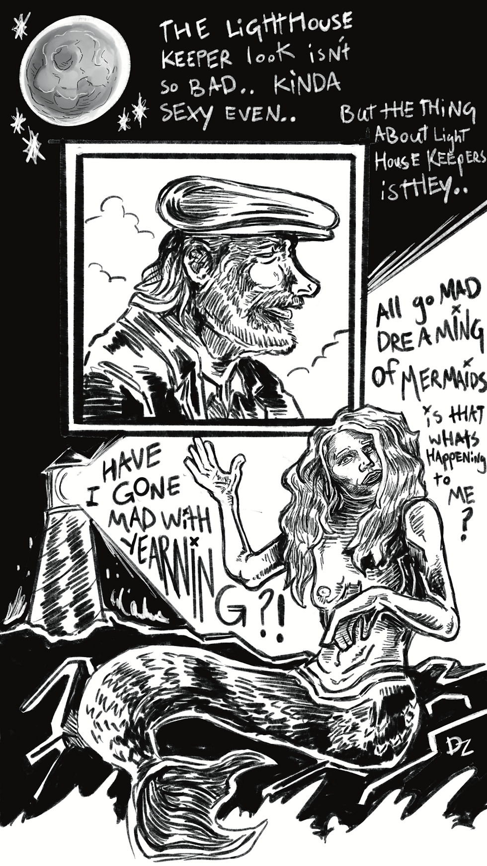 Black-and-white illustrated comic showing a mermaid reclining on rocks beside a lighthouse, gesturing as handwritten text reflects on lighthouse keepers going mad and dreaming of mermaids, questioning “have I gone mad with yearning?”