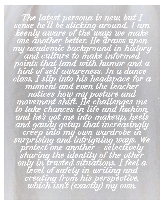 A text-only image on a pale grey fabric background in white cursive type, describing the performer's latest and most developed drag persona — intellectually grounded, mutually transformative, and increasingly integrated into their everyday life.