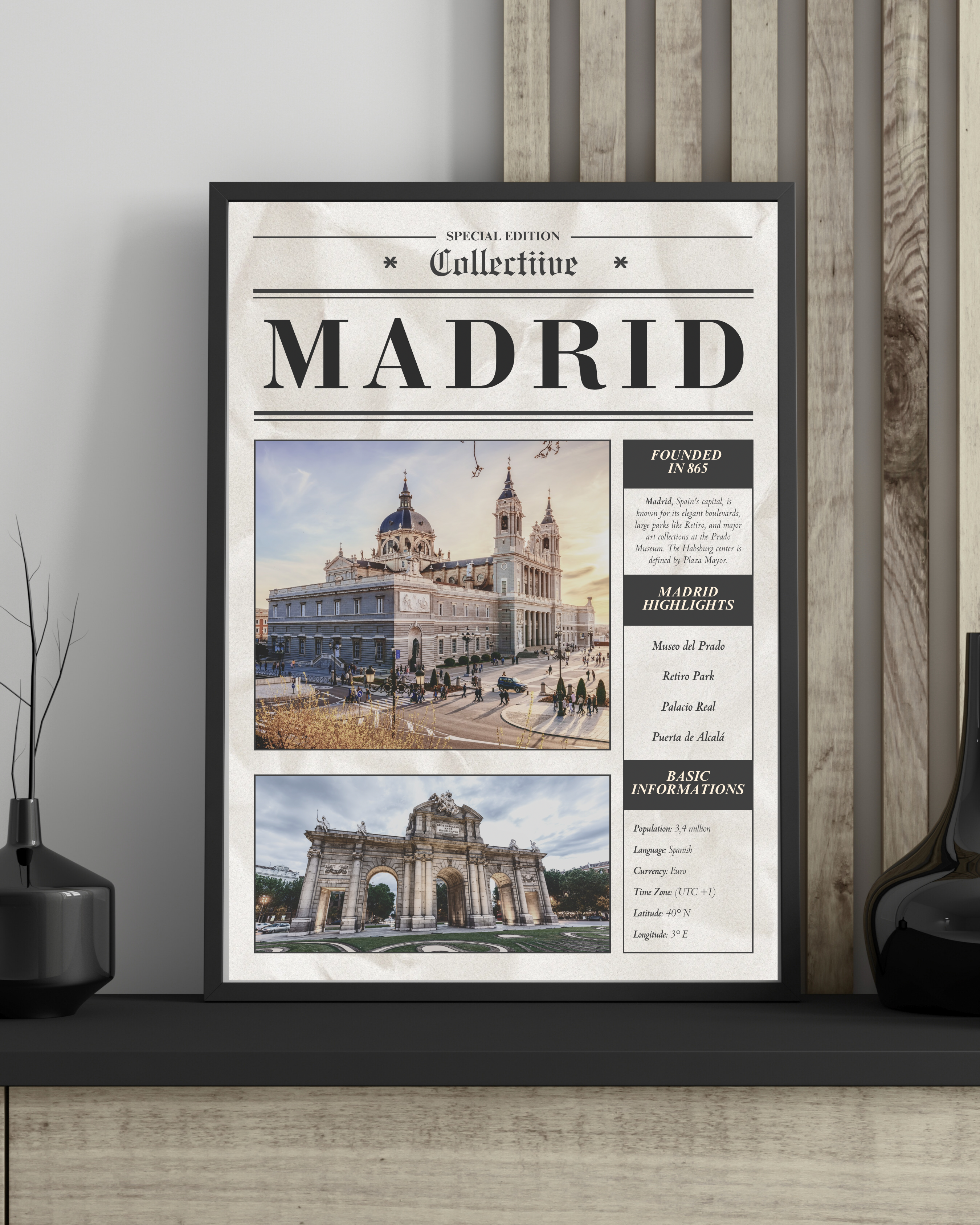 Madrid Wandbild im Zeitungsstil von Collectiive – modernes Stadtposter im Zeitungslayout mit Highlights aus Madrid.