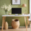 A modern office interior featuring a small vase with flowers and a woven basket adds deco