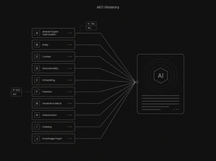 Minimal dark schematic showing AEO glossary entries connected to an AI answer box, with percentage and ranking indicators representing AI visibility metrics.