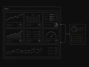 Abstract dashboard showing GEO monitoring report metrics, including trend lines, ranking indicators, percentage data and a linked audit panel on a dark background.